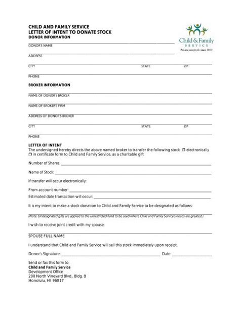 child  family service letter  intent  donate stock