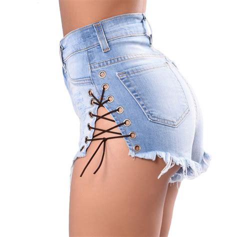 2020 Women Denim Shorts Lace Up High Waist Short Jeans Sexy Hollow Out