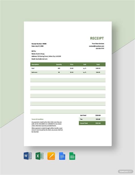 cleaning services receipt template  google docs