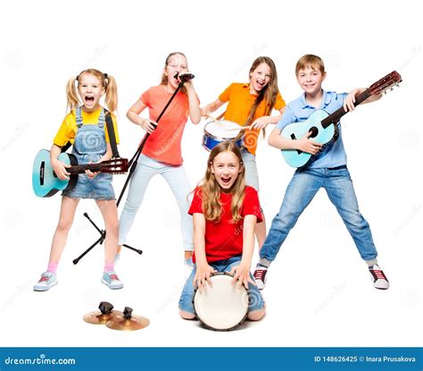 children group playing   instruments kids musical band  white