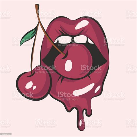 Sexy Lips With Juicy Cherry Vector Illustration Stock