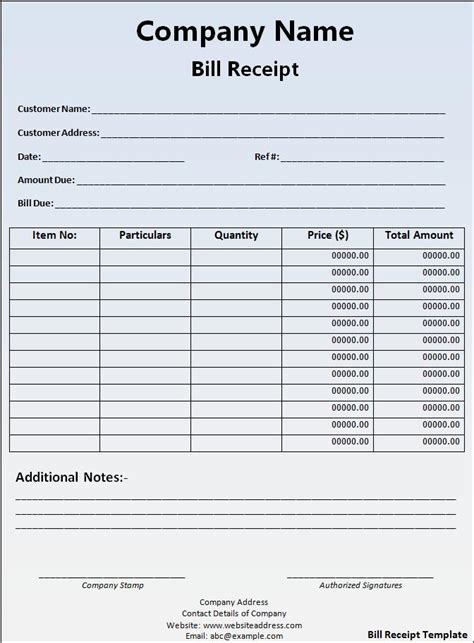 bill receipt templates   printable word excel  formats