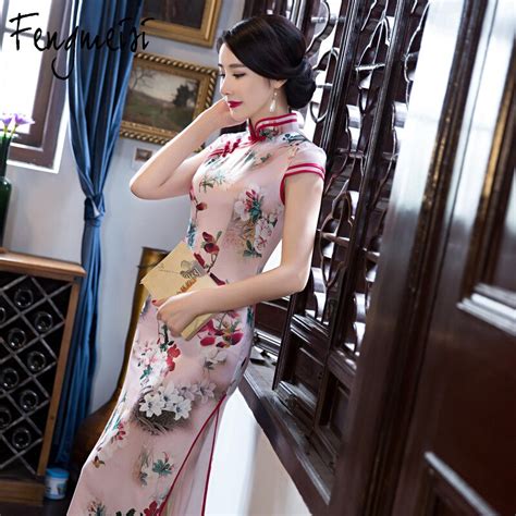 fengmeisi women pink flower print cheongsam long qipao chinese