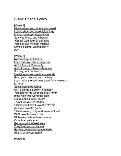 blank space taylor swift blank space lyrics verse  nice  meet
