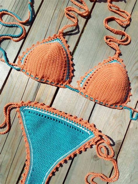 crochet bikini set in dust orange tirquoise bikini crochet etsy