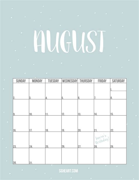 printable august calendar ssheart