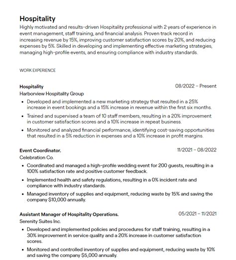 hospitality resume examples  guidance