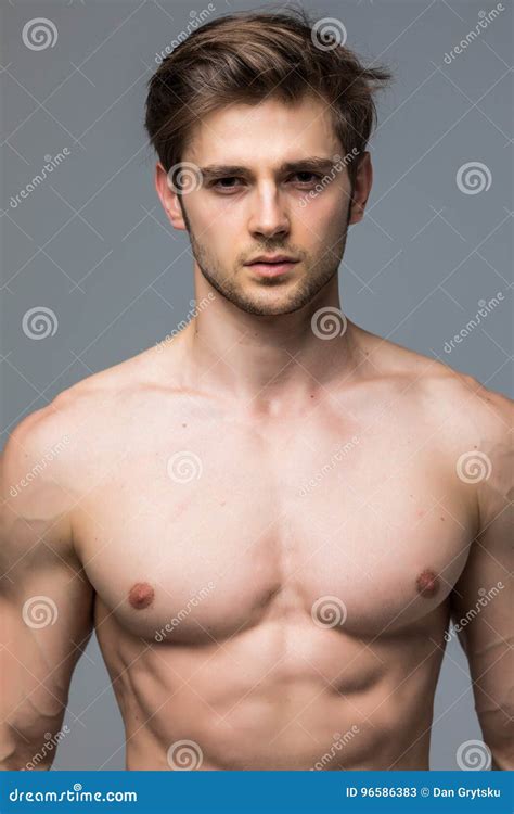 Handsome Man Nude Inflated Torso Attractive Look Posing Model Stock