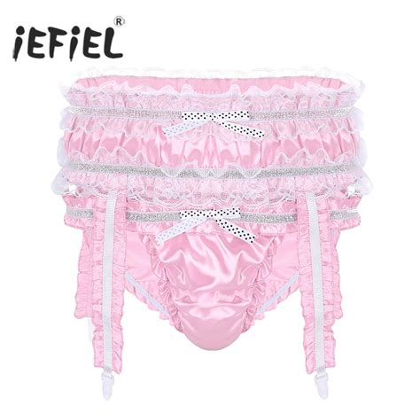 Mens Gay Lingerie Underwear Soft Shiny Satin Ruffled Frilly Low Rise