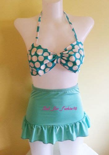 green pastel bottom skirted swim retro bikini mint polka