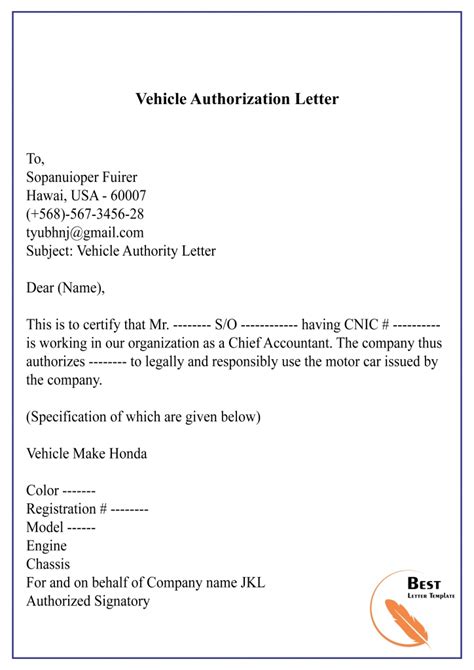 vehicle authorization letter template business format