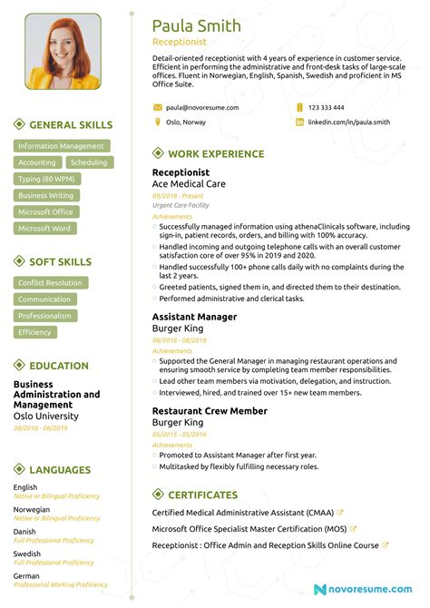 receptionist resume sample job description skills tips