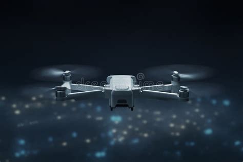 drone quadcopter flying  city  night stock photo image  city