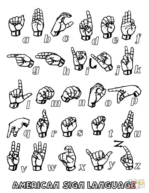 asl sign language alphabet set coloring page  printable coloring