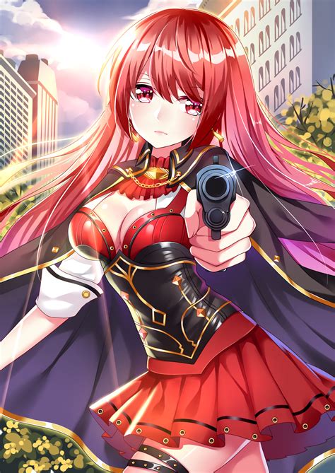 Wallpaper Anime Girls Open Shirt Gun Weapon Long Hair Redhead