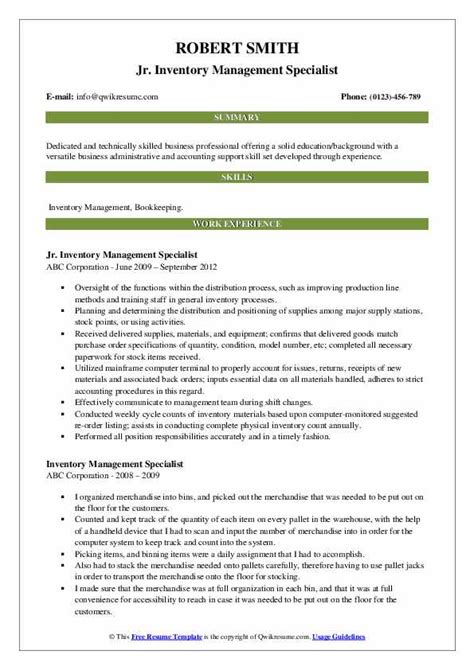 inventory management specialist resume samples qwikresume