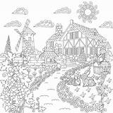 Coloring Colouring House Zentangle Pages Rural Landscape Book Farm Countryside Adult Drawing Scene Bird Windmill Water Vines Sheets Printable Patterns sketch template