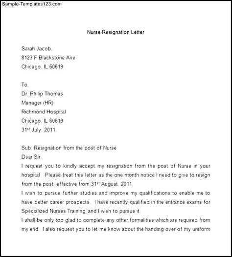 sample nurse resignation letter sample templates