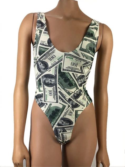 exotic dancewear one piece bodysuit high cut swimsuit money print