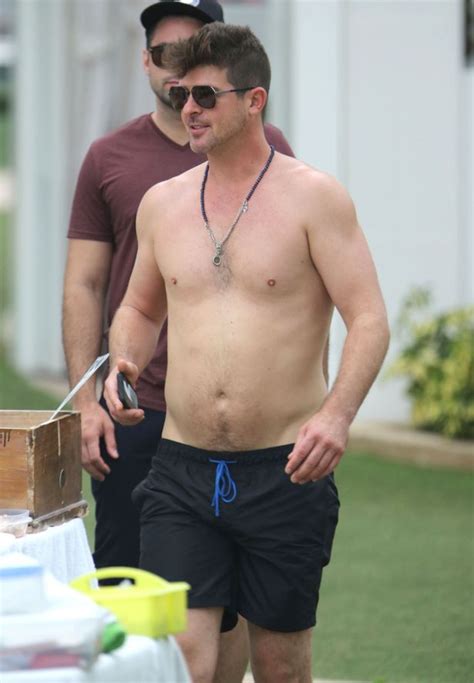 Robin Thicke Shows Off Curvy Dad Bod As He Goes Shirtless By Miami Pool