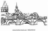 Prague Bridge Vltava Drawn Embankment Roofs Outline sketch template