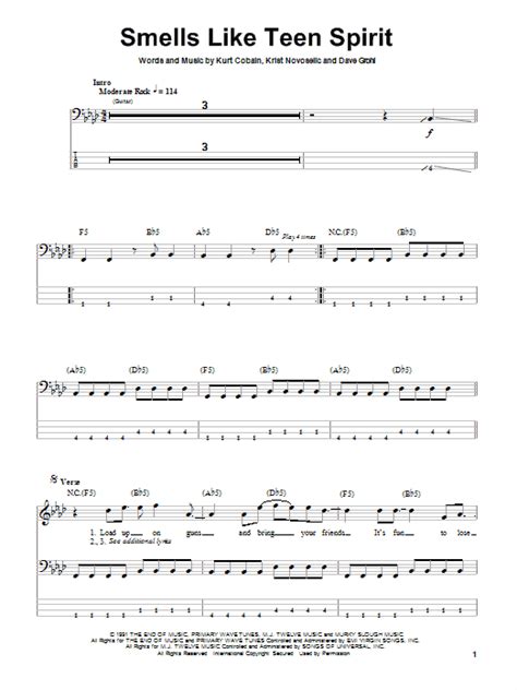 Smells Like Teen Spirit Bass Guitar Tab By Nirvana Bass Guitar Tab