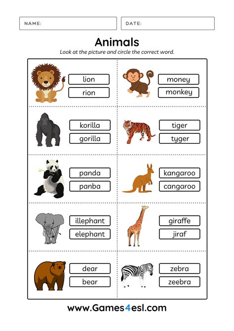 animal worksheets gamesesl