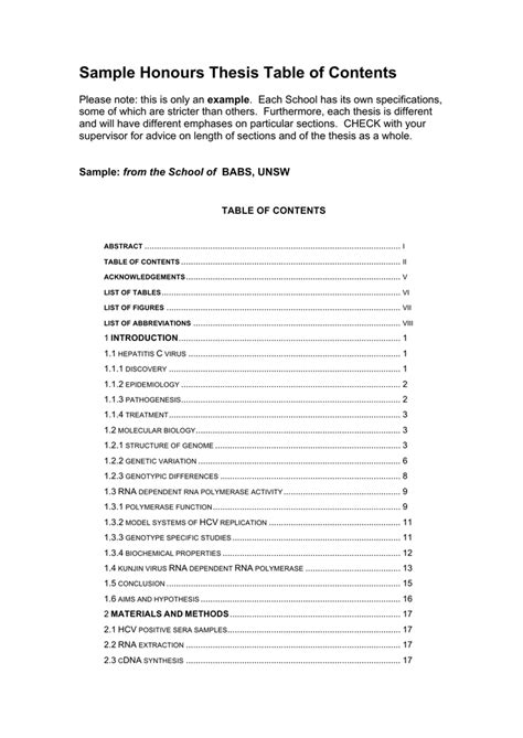 sample honours thesis table  contents
