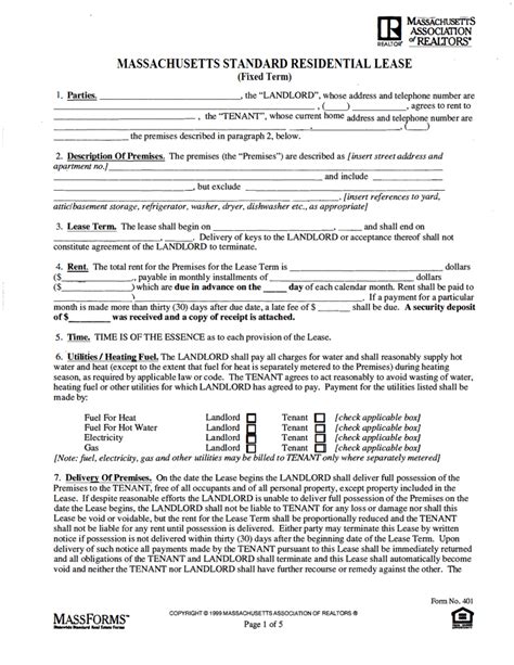 massachusetts standard residential lease agreement form