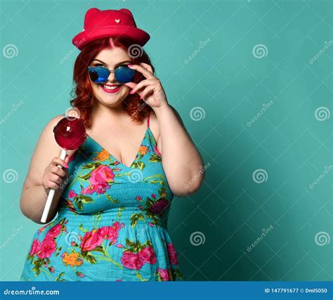 Happy Smiling Overweight Fat Chubby Woman In Funny Hat And Sunglasses