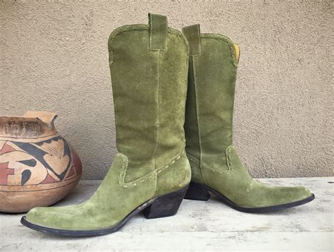 vintage green cowboy boots  women size  run small   brazil green suede leather