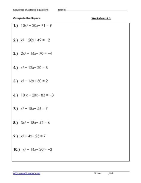 solve quadratic equations  competing  square worksheets