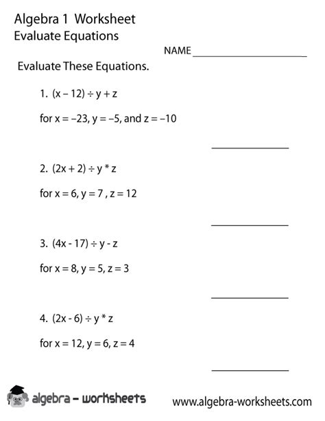 evaluate equations algebra  worksheet printable algebra worksheets