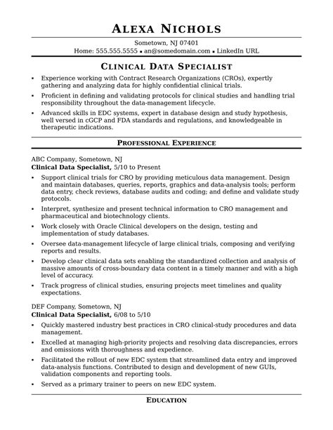 clinical data specialist resume sample monstercom
