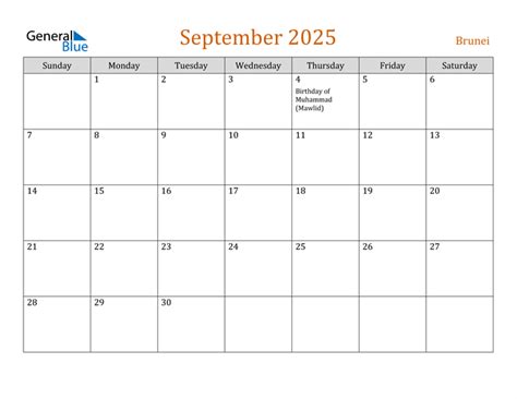 brunei september  calendar  holidays