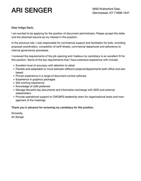 document administrator cover letter velvet jobs