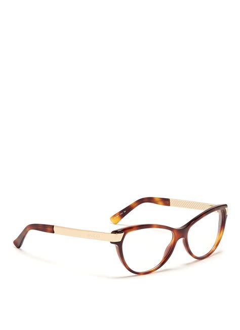 lyst gucci metal arm tortoiseshell frame optical glasses in brown