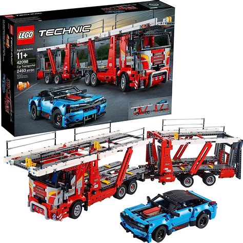 lego technic car transporter  toy truck  trailer building set  blue car