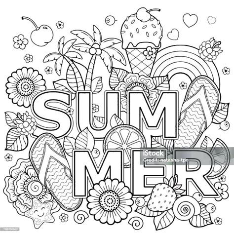 hand drawn coloring book  adult summer holidays party  rest stock