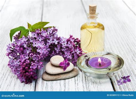 spa setting  lilac flowers stock photo image  lifestyle candle