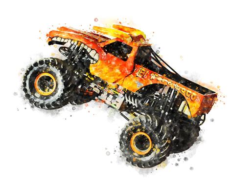 orange monster truck  flames   tires  shown