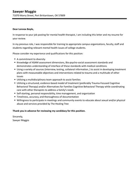 mental health therapist cover letter velvet jobs
