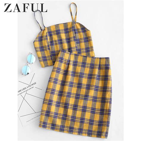 zaful yellow plaid sexy two piece set smocked back crop top and mini skirt summer outfits
