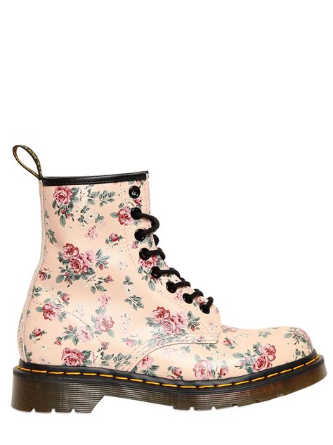 dr martens mm floral printed core leather boots  light pink pink lyst