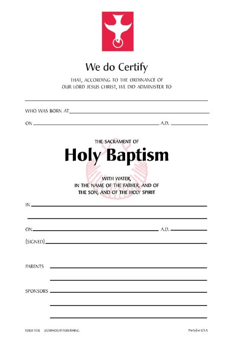 Baptism Certificate 110r Pack Of 25 Episcopal Shoppe