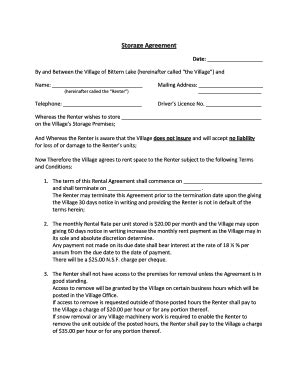 storage agreement form templates fillable printable samples