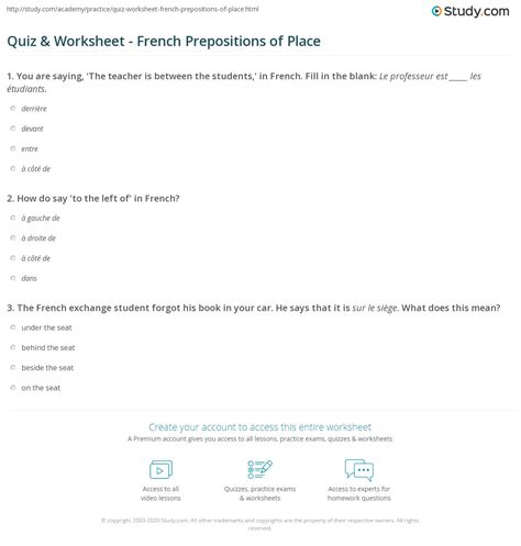 quiz worksheet french prepositions  place studycom