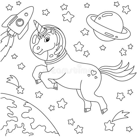 astronaut unicorn travels  outer space coloring book page  kids