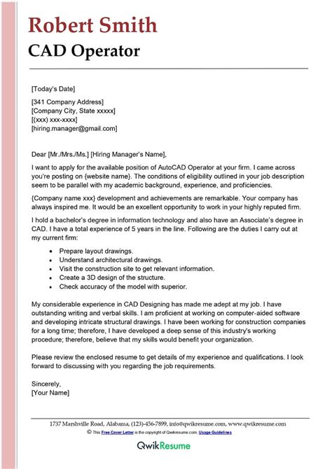 cad operator cover letter examples qwikresume