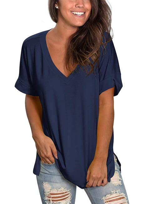 V Neck T Shirts Women Short Sleeve Tunic Flowy Tops 04 Navy Blue Size